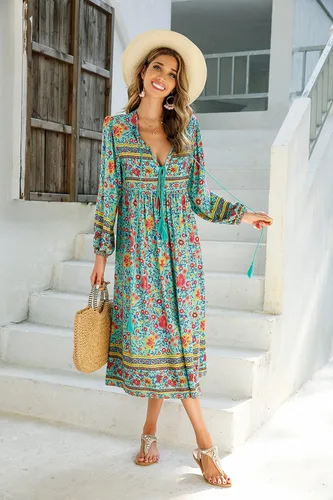Vista 4 de R.Vivimos - Vestidos por debajo de la rodilla, de manga larga, con estampado floral, de estilo retro y bohemio, con cuello en V y borlas para mujer