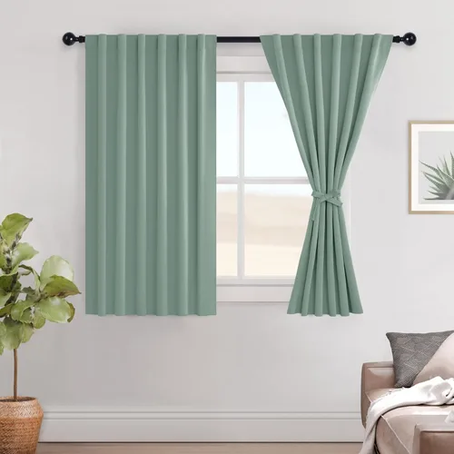 Vista 27 de Hiasan Cortinas opacas negras para dormitorio, cortinas opacas cortas de 45 pulgadas de largo, con aislamiento térmico, bolsillo para barra