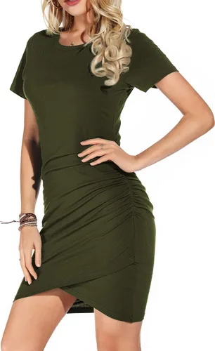 Vista 2 de Grecerelle Vestido corto de manga larga con cuello redondo elástico informal con detalle drapeado ajustado para mujer