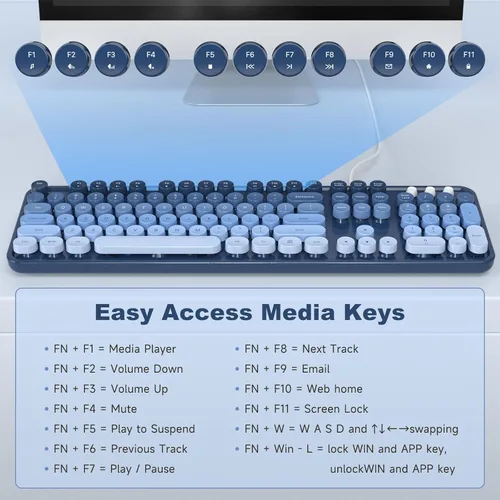 Vista 7 de MOFII Teclados de computadora con cable, teclado USB de tamaño completo Plug Play, bonito teclado estético colorido con soportes plegables