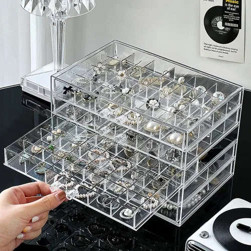 Vista 2 de YUFONG Caja organizadora de almacenamiento de aretes, 5 cajones, organizador de joyas, caja de almacenamiento de joyería acrílica, compartimento