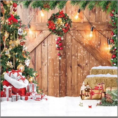 Vista 10 de Fondo de fotografía para puerta de madera de granero de Navidad de 7 x 5 pies, árbol de Navidad, regalo de nieve, fondo de fotos para fiestas de Año