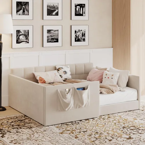Vista 3 de RUNNA Full Size Daybed Velvet Upholstered Sofa Bed with High Side Panels and Side Entrance,Space-Saving Guest Bed with Storage Pockets (Beige#08)