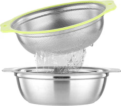 Vista 11 de Colador de acero inoxidable microporoso, colador de arroz de 2QT con tazón para mezclar, juego de tazón para lavar arroz con asa, coladores