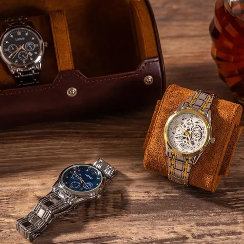 Vista 4 de Mr.Okay Funda de viaje para reloj funda de cuero de alta calidad para mujeres u hombres, organizador de relojes portátil para almacenamiento