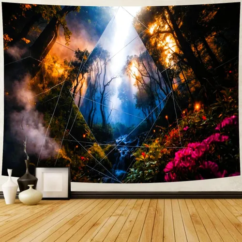 Vista 9 de Delur Tapiz de bosque con diseño de árbol de la vida, bosque tropical, para colgar en la pared, colorido paisaje místico, cabecero psicodélico