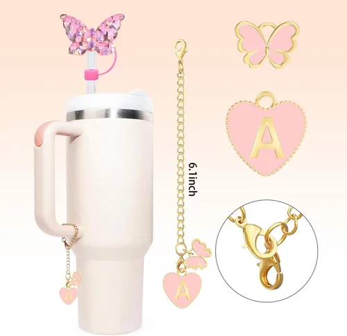 Vista 3 de Tapa de popote para copa Stanley, reutilizable, de silicona, compatible con vaso de 30 y 40 onzas con asa (4 mariposas brillantes)