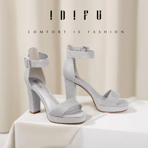 Vista 2 de IDIFU Modelo IN4 Sabrina - Sandalias de tacón alto para mujer, con plataforma gruesa y correa para amarrarlas al tobillo. Ideal para fiestas o bodas