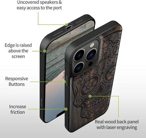 Vista 9 de Carveit Funda magnética de madera para iPhone 13 Pro Max [madera natural y TPU suave negro] Funda protectora de madera única y elegante a prueba