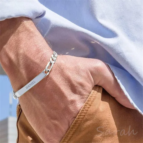 Vista 3 de LeCalla Personalized Customised Engraved Name Men's Figaro Chain ID Bracelet in 925 Sterling Silver Personalized Custom Birthday Christmas Fathers