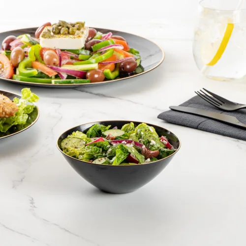 Vista 8 de Restaurantware -Moderna - Cuencos de plástico de 6 onzas, 20 cuencos de ensalada desechables duraderos - Con borde dorado, resistente, cuenco
