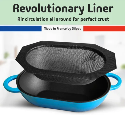 Vista 3 de LoafNest: Kit de pan artesanal increíblemente fácil. Horno holandés de hierro fundido [gradiente azul] y forro de silicona antiadherente perforado.