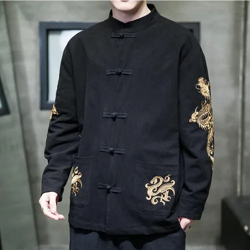 Vista 2 de SUNRISE LIGHTING Gold Dragon Embroidery - Chaqueta de lino y algodón retro para hombre con diseño de dragón dorado
