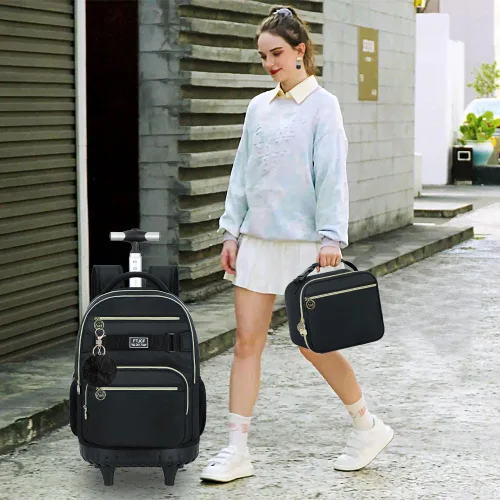 Vista 6 de Mochila con ruedas para mujeres y hombres, 3 unidades, 21 pulgadas, con ruedas, para adolescentes, niños, universidad, con ruedas, Negro clásico