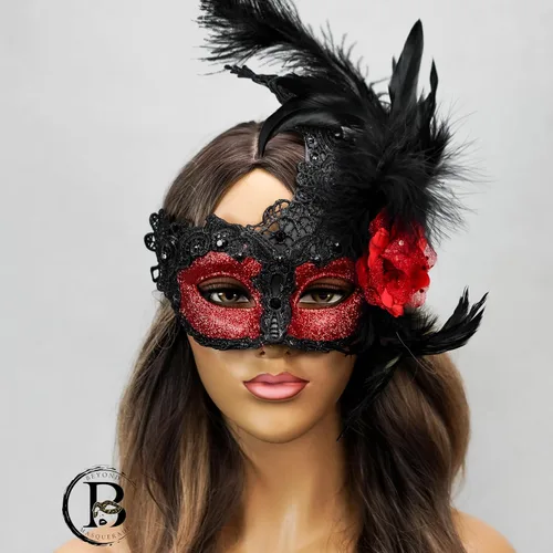 Vista 3 de Máscara de plumas burlesque, máscara de encaje de Mardi Gras para mujer, disfraz de plumas de pavo real, máscara de brocado veneciano