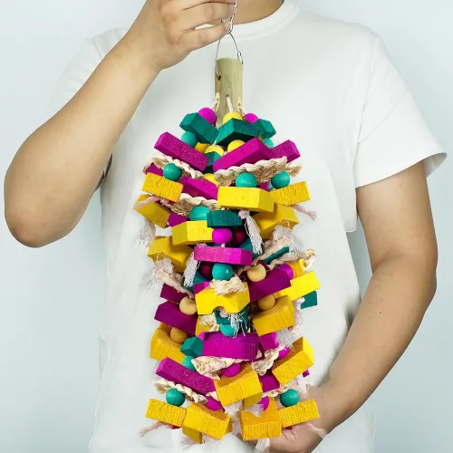 Vista 6 de Juguetes grandes para pájaros, bloque de madera multicolor con soporte de bambú, juguete para masticar pájaros, jaula de loro, juguete de mordida