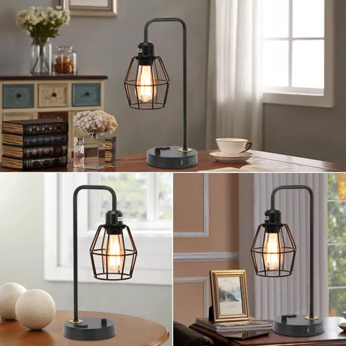 Vista 7 de Juego de 2 lámparas de mesa industriales regulables, modernas lámparas de noche negras con puertos de carga USB A+C y salida de CA, lámpara
