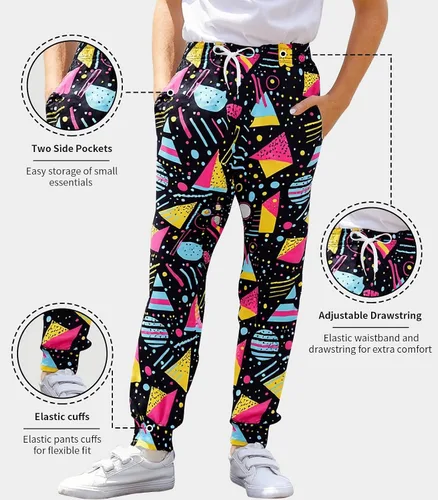 Vista 5 de Idgreatim 6-16T - Pantalones deportivos para niños, divertidos gráficos en 3D, pantalones deportivos casuales con bolsillos