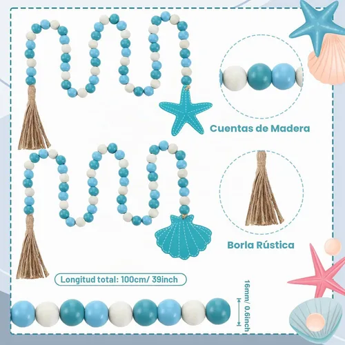 Vista 3 de Janinka Guirnalda de cuentas de madera con borlas, decoración costera Azul