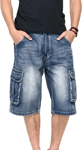 Vista 3 de Pantalones cortos de mezclilla estilo hip hop para hombre, estilo casual, holgados, pantalones de trabajo con bolsillos