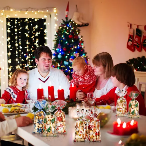 Vista 5 de Outus 200 bolsas de celofán para regalos de Navidad, bolsas de celofán de Navidad de plástico con lazos para dulces, galletas, golosinas, envoltorio