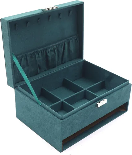 Vista 5 de Joyero con cerradura para mujer franela verde 3 capas organizador de joyas relojes collar anillo caja de almacenamiento
