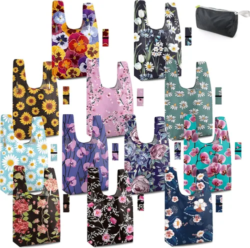 Vista 15 de BeeGreen Bolsas de comestibles reutilizables plegables, paquete de 12 bolsas grandes y bonitas, bolsa de regalo de tela lavable resistente con asas