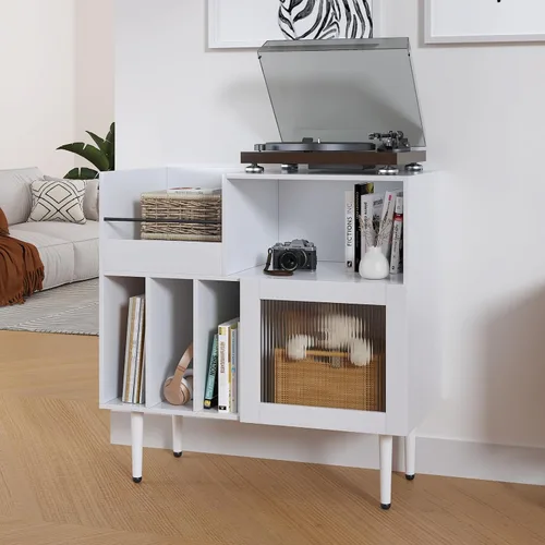 Vista 9 de HedoAjim Soporte grande para tocadiscos con almacenamiento de vinilo, soporte para tocadiscos con puerta acrílica, mesa auxiliar para tocadiscos