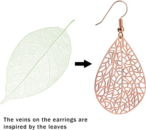 Vista 15 de 14K Gold Plated Silver Rose Gold Teardrop Filigree Dangle Earrings Lightweight Leaf Drop Earrings for Christmas Gift