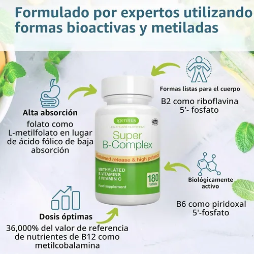 Vista 2 de Super B-Complex 180 comprimidos + Complejo Triple Magnesio 180 Tabletas Paquete Vegano, Complejo B de Liberación Sostenida Metilado + Glicinato