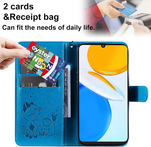 Vista 2 de Funda para Honor X7, diseño de estampado de gato y abejas de cuero de primera calidad, con función atril y cierre magnético