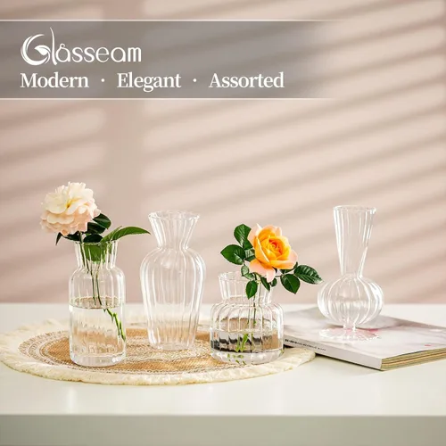 Vista 3 de Juego de jarrones de botones de vidrio transparente moderno: Glasseam 4 piezas de jarrones pequeños de flores para centros de mesa hechos a mano