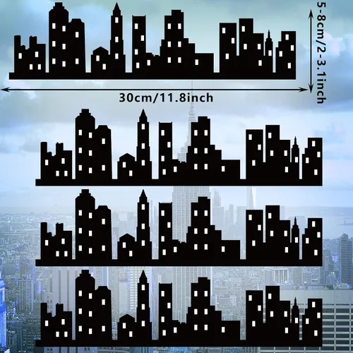 Vista 2 de 4 piezas de decoración de borde de pastel de edificio de ciudad, pegar o acostarse, fiesta de cumpleaños Hero Skyscraper Black Cakes Wrap, telón