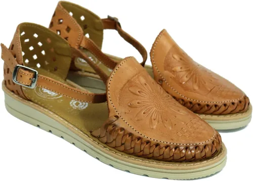 Vista 7 de Macarena Collection Sandalias Huarache para mujer sandalias de cuero colorido estilo mexicano color tostado girasol troquelado 040 Beige Bronceado