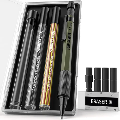 Vista 12 de Four Candies Juego de lápices mecánicos de 1.3mm con 24 repuestos de plomo, lápiz de carpintero de metal resistente a la intemperie para uso pesado