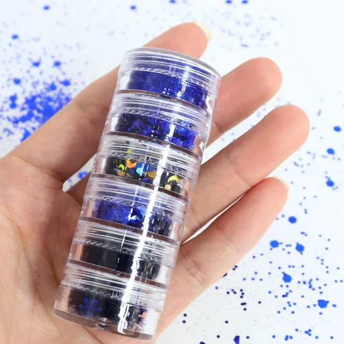 Vista 6 de Lentejuelas artísticas de uñas navideñas, copos de nieve azul holográficos, redondos, mariposa, corazón, copos de purpurina para decoración