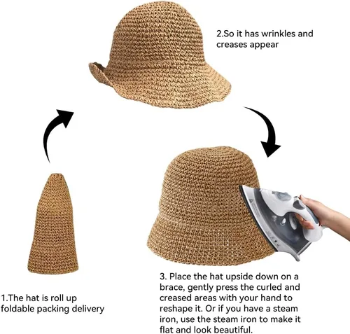 Vista 6 de Women Sun Hat Hand-Woven Packable Beach Bucket Hat Summer Floppy UV Protection Hats Beige