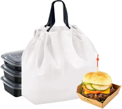Vista 7 de 50 bolsas de plástico con asas resistentes al agua, resistentes para llevar, bolsa de transporte para alimentos, para restaurantes, comestibles