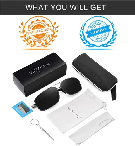 Vista 7 de WOWSUN Gafas de sol polarizadas para hombre, protección UV, marco de metal rectangular, gafas de sol de moda para hombre, para conducir golf