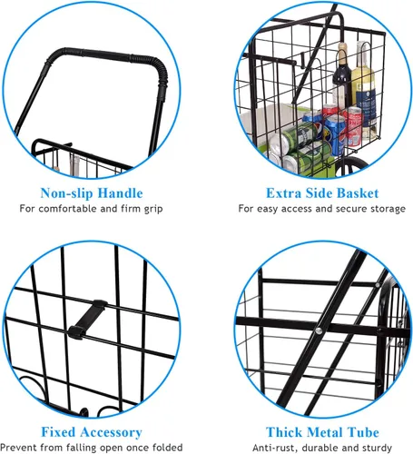 Vista 2 de Carrito de compras de comestibles, carrito plegable y resistente con ruedas giratorias de 360° y cesta adicional, carrito ligero para equipaje