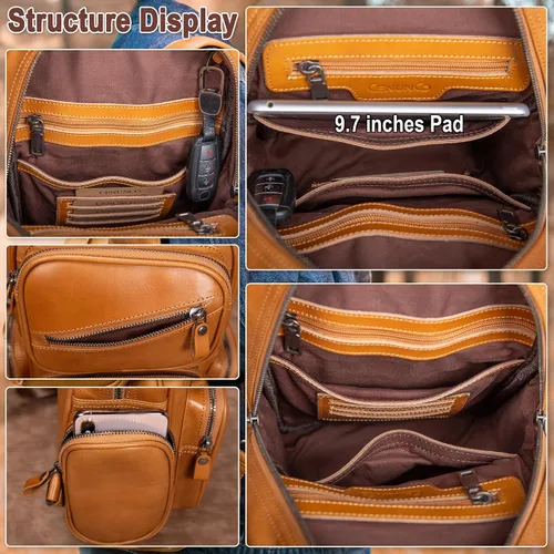 Vista 4 de CENUNCO Bolso bandolera de cuero genuino para hombre, mochila cruzada, casual, senderismo, motocicleta, bolsa de pecho antirrobo, bolso de viaje