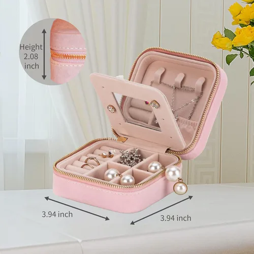 Vista 2 de Smileshe Joyero de terciopelo para mujeres y niñas, pequeño organizador de viaje con espejo, mini estuche de regalo portátil, cajas