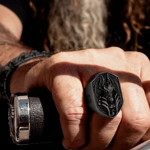 Vista 8 de FaithHeart Anubis - Anillos para hombres y mujeres, joyería de acero inoxidable resistente, anillo de amuleto de cruz Ankh, embalaje delicado, Acero
