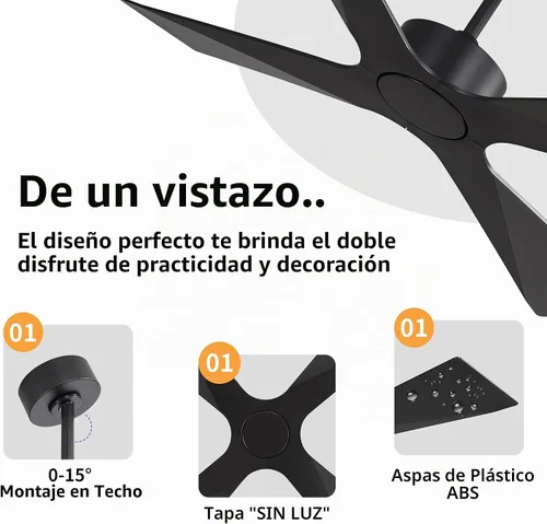 Vista 6 de WINGBO Ventilador de techo para exteriores de 54 pulgadas sin luces, 4 cuchillas de plástico ABS, motor CC reversible, control remoto de 6 Negro