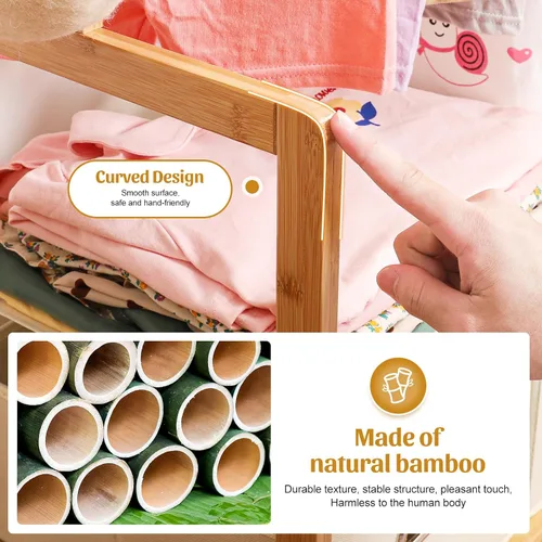 Vista 6 de Perchero de bambú para niños con 2 cestas de almacenamiento y 2 varillas ajustables para colgar, soporte para ropa infantil con estante, estantes
