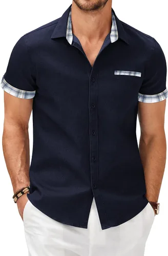 Vista 17 de COOFANDY Camisas casuales de manga corta de algodón con botones para hombre Verde militar