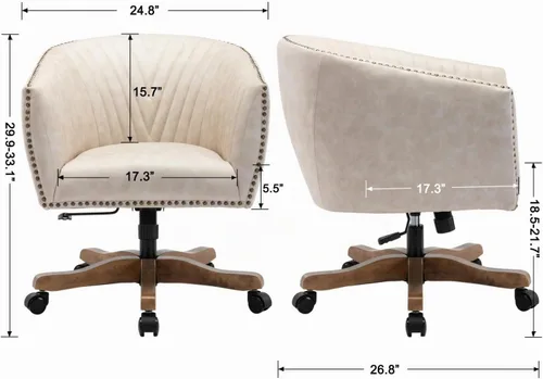 Vista 2 de Silla de escritorio de piel sintética beige, silla de escritorio tapizada giratoria con brazo ajustable con cabezas de clavos, cómoda silla
