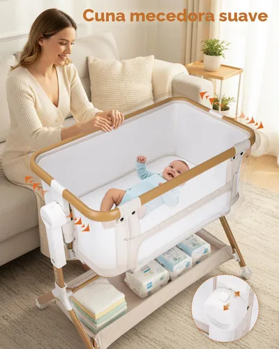 Vista 2 de Cuna 3 en 1, cuna mecedora, cama de noche para bebé, malla completa transpirable, colchón cómodo de 6 alturas, ruedas con bloqueo, cesta
