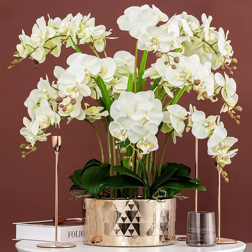 Vista 3 de HinyoCo 5 piezas de flores artificiales de Phalaenopsis y 4 paquetes de hojas, flores de orquídeas artificiales con 4 paquetes de hojas de tallo
