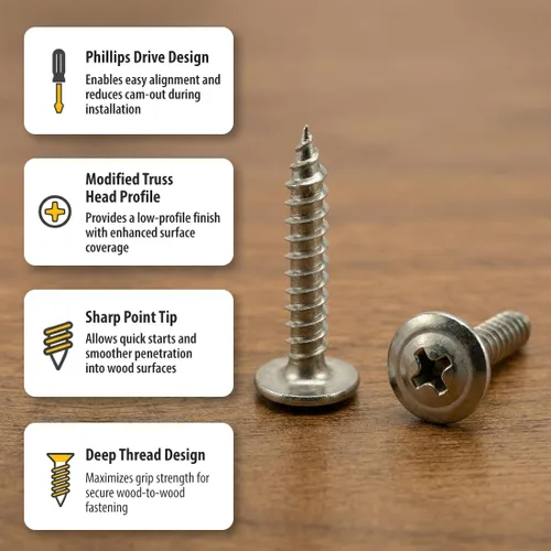 Vista 3 de BCP Fasteners 10 unidades de tornillos Phillips modificados con cabeza de armadura de acero inoxidable 304 de #8 x 1” para madera (BCP1261)